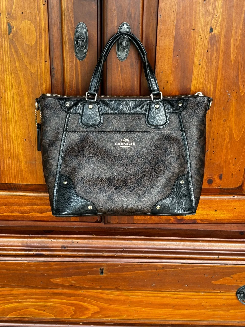 Coach Black Signature Shoulder Tote with Logo Charm